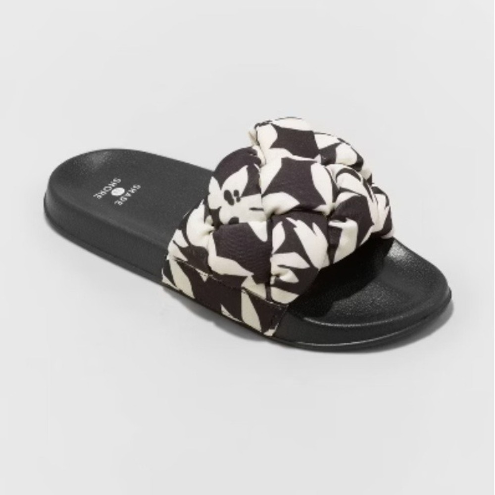 Shade & Shore Andrea Braided Puffy Slide Sandals Black White Size 9 Beach Vaca
